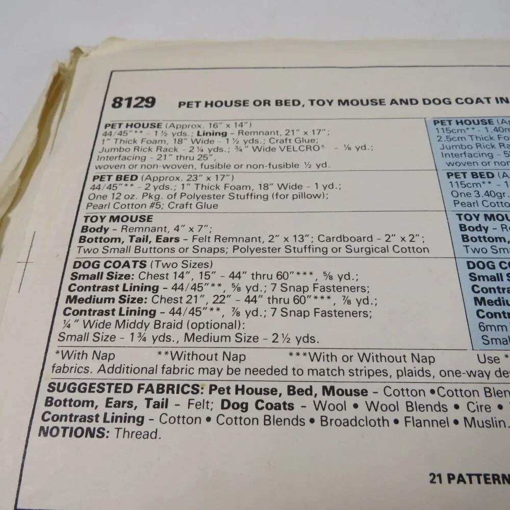 McCalls 8129 Pet House, Bed, Toy Mouse, Dog Coat Sewing Patterns UNCUT